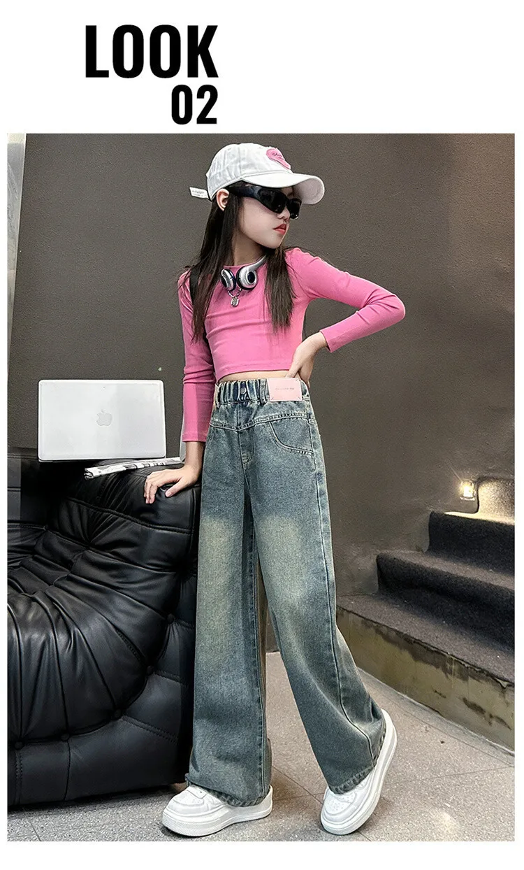 5-14 Jahre Frühling Herbst Mädchen-Jeans, modische Retro- und Vintage-Hose mit fünfzackigem Sternmuster und Stickerei, weit geschnittene Hose für Teenager-Mädchen – Detail 17