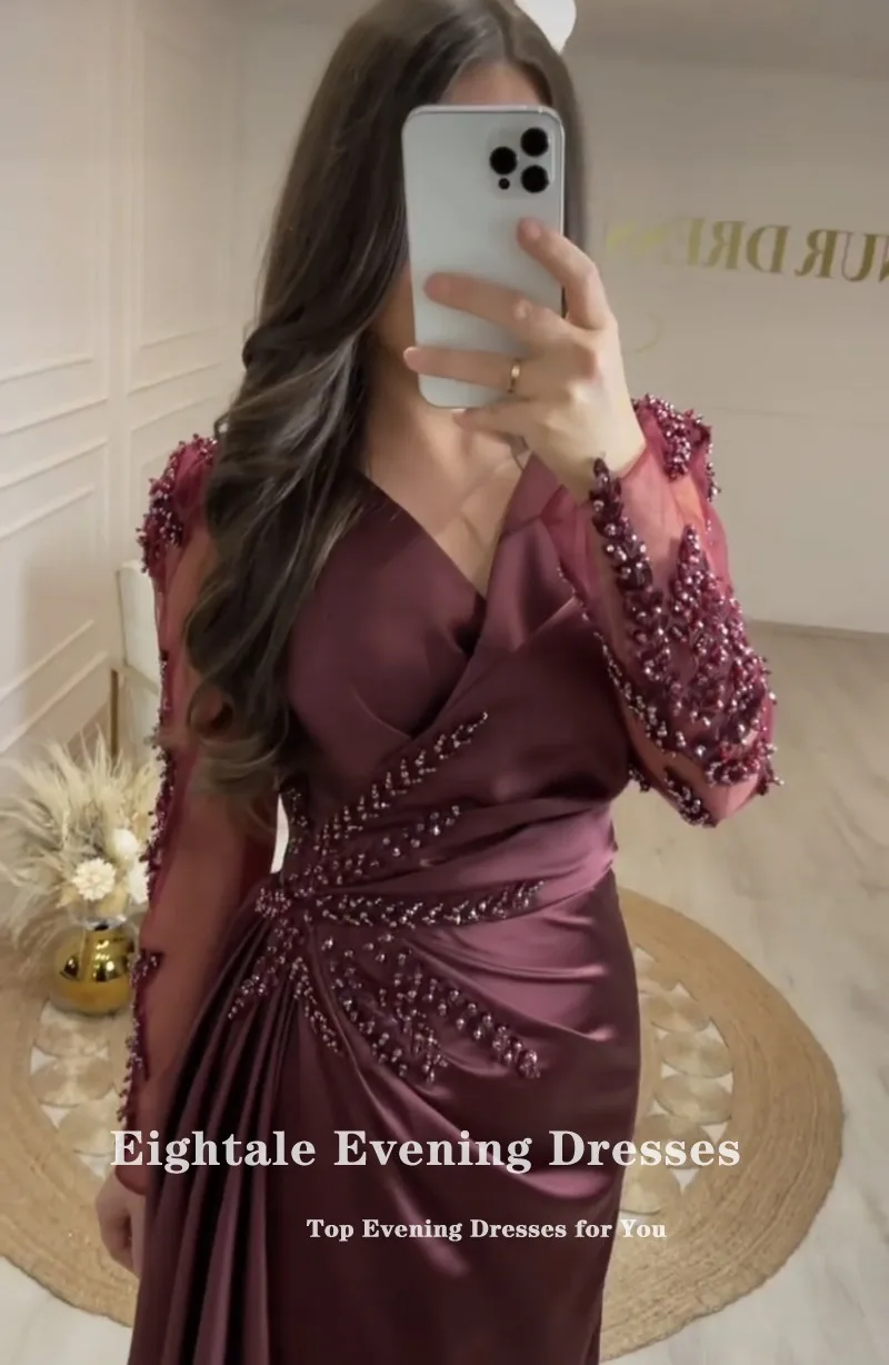 Eightale Arabic Evening Dresses for Wedding Party Satin Customized Mermaid V-Neck Beaded Long Sleeves Celebrity Prom Party Gowns