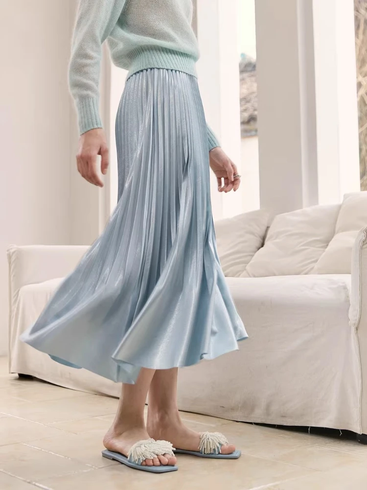 

Women’s High Waisted Pleated Midi Skirt, Silky Shiny A-Line Skirt for Work and Daily Wear