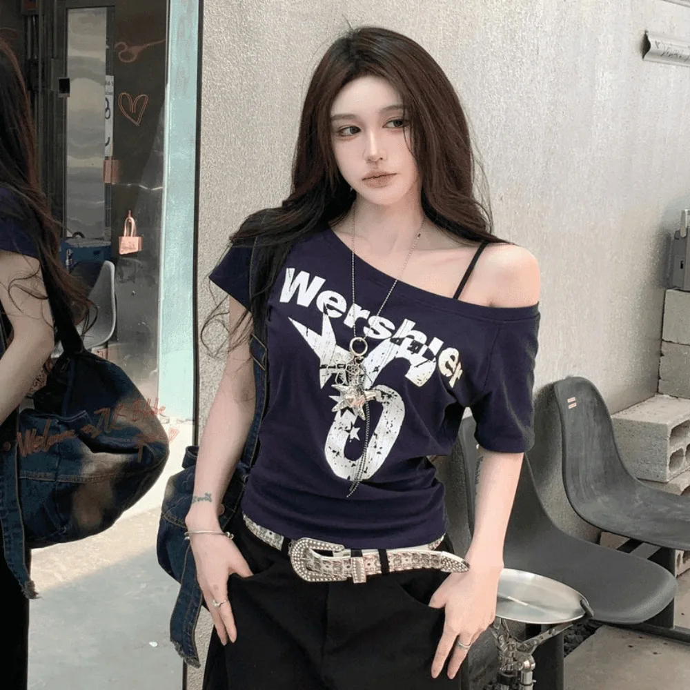 Fashion Y2k Off Shoulder Top Skew Collar Body Basic Crop Top Letter Print Basic Crop Top Vintage Style image 5