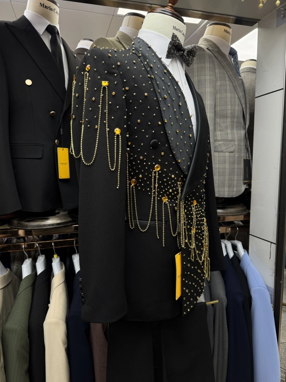 

Golden Exquisite Crystal Tuxedo 2 Pieces For Men Wedding Groom Sets,Double Breasted Men's Slim Fit Suits Host Costumes S-3XL