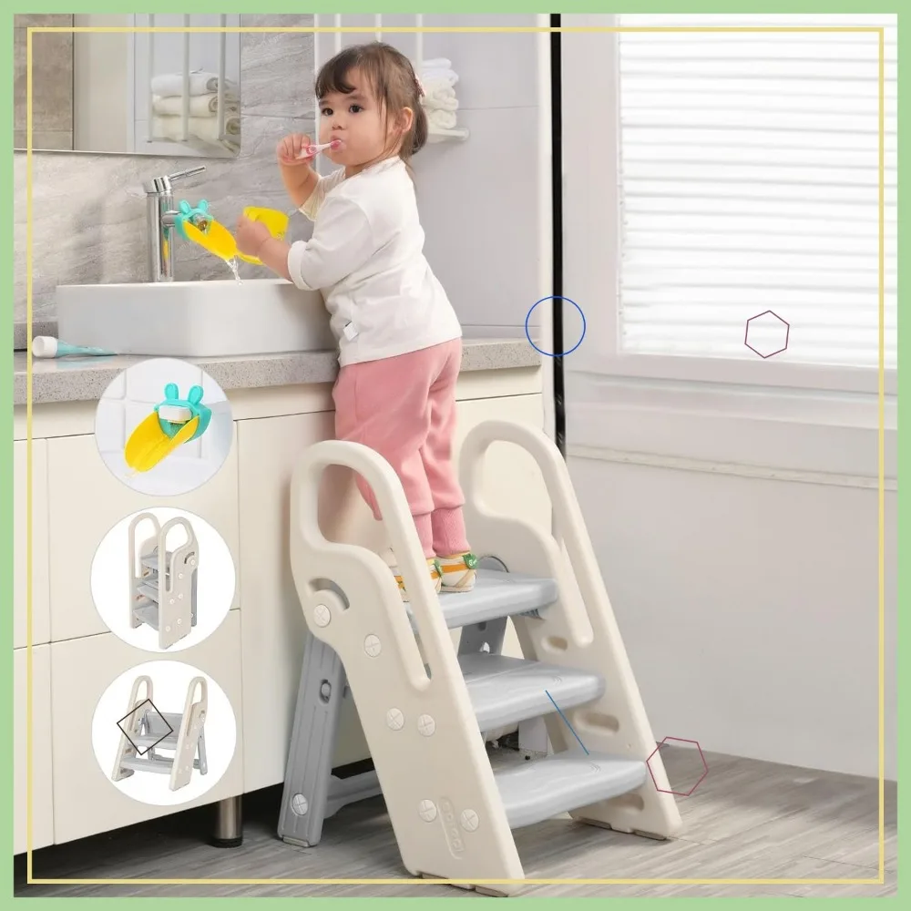 مقعد أطفال قابل للطي بثلاث خطوات قابل للتعديل مع مقابض، مساعد تدريب بالوعة الحمام والمرحاض، سلم بلاستيكي رمادي