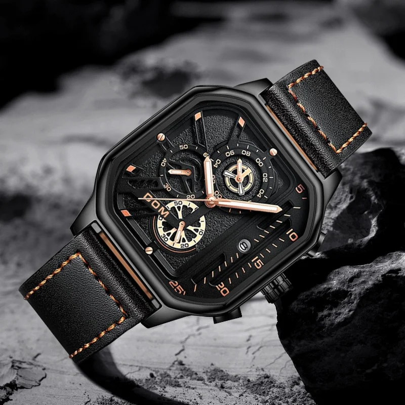 Dom Mode kreative Männer Quarz Design Uhren Leder armband Datum Armbanduhren für männliche Uhr mit leuchtenden Zeigern