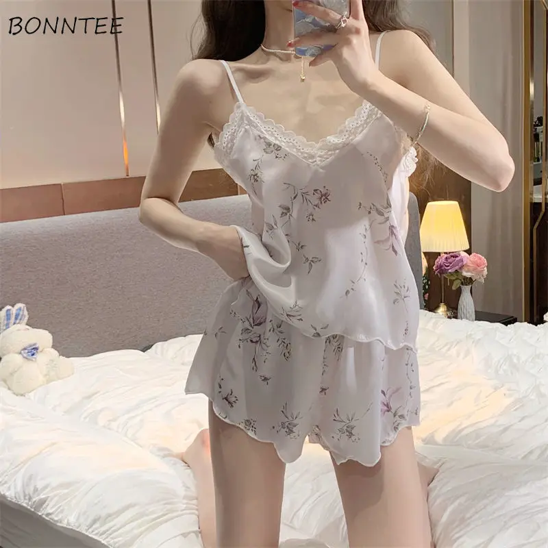

Pajama Sets Women Chic Breathable Summer Fashion Sleepwear Female Sleeveless Causal Homewear Korean Style Daily College Print