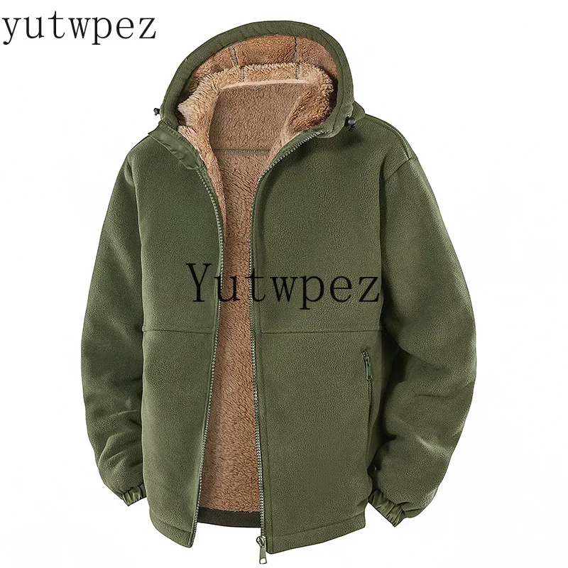 Men Warm Polar Fleece Outerwear Men Hooded Fleece Jacket Autumn Winter Thickened Sherpa Coat Loose Plus Size Casual Sweatshirt