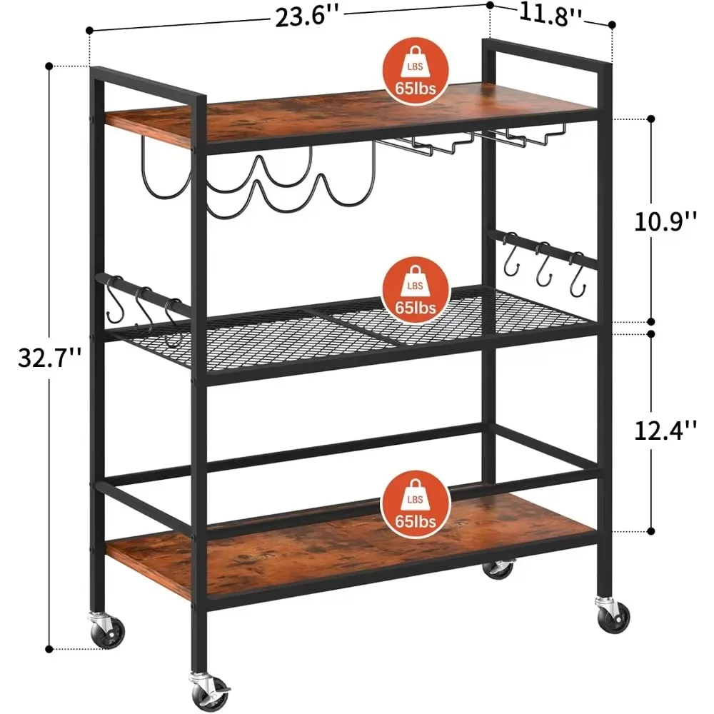 Chariot de bar à roulettes, chariot de cuisine à roulettes à 3 niveaux avec Psychà vin et porte-verres, bar familial et chariot de service avec crochet
