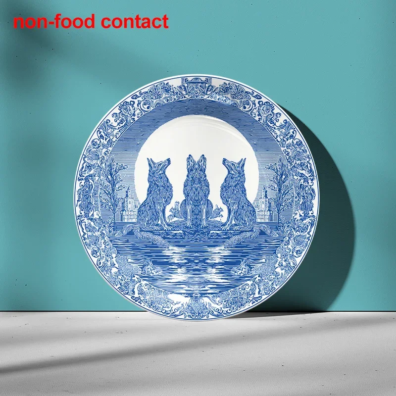 1pc Vintage Blue and White Ceramic Hanging Wall Plate - Howling Wolves Under the Moon Scene, Elegant Home Decor, Jewelry