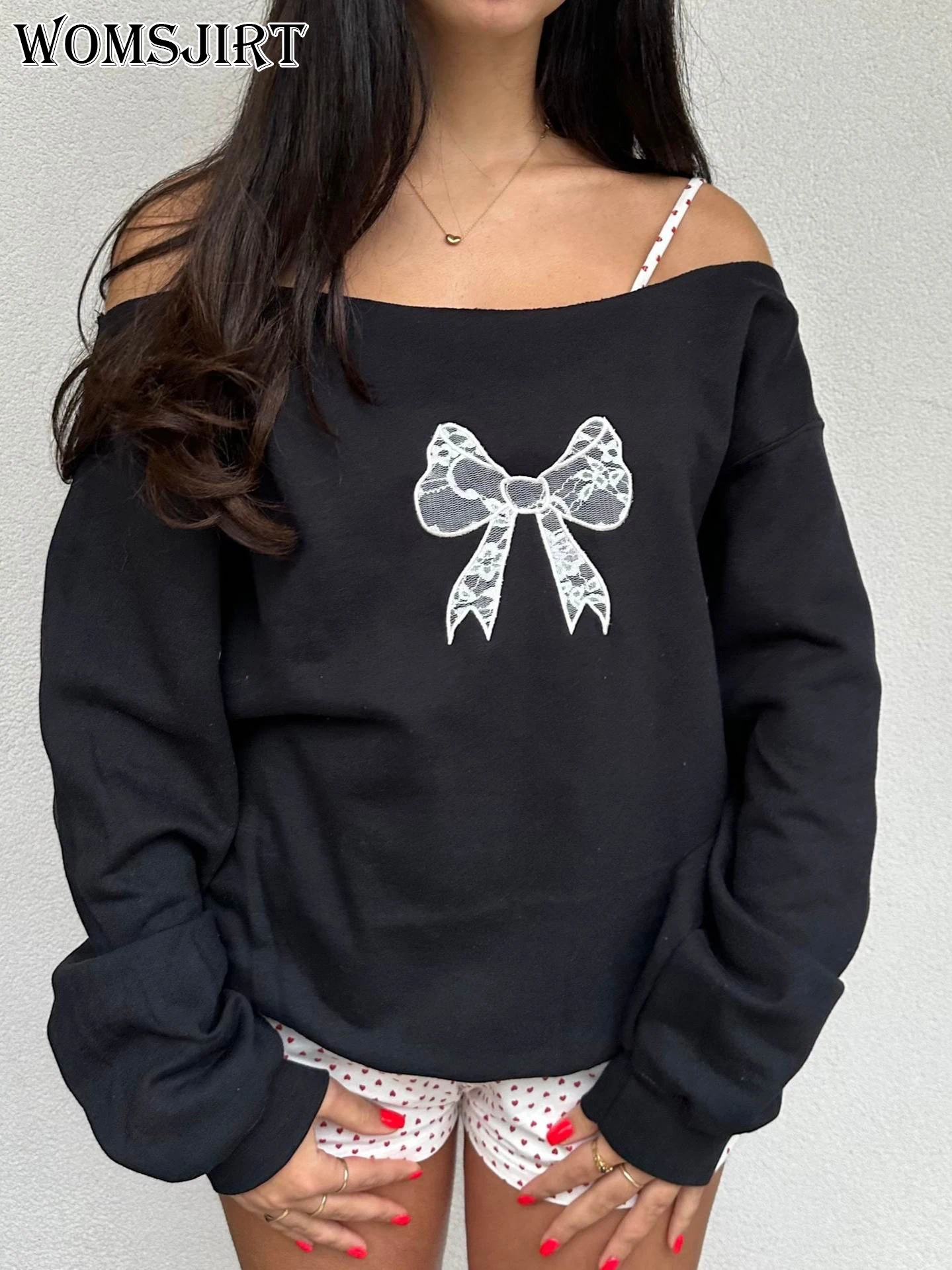 WOMSJIRT Bow Tie Embroidered Spliced Top European Beauty Outfit Simple and Loose One-piece Collar Off-shoulder Sweatshirt