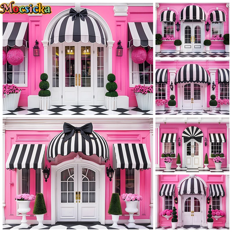 

Pink House Backdrop For Photography White Gate Flower Shop Wedding Background Birthday Party Decoration Poster Photobooth Props