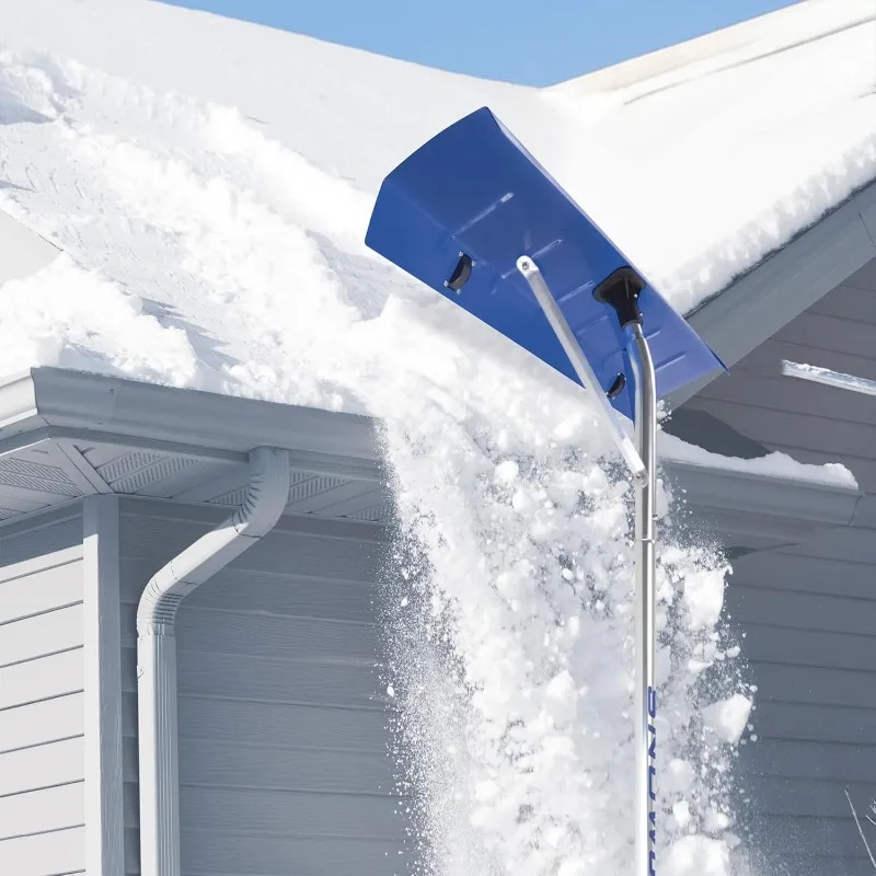 Roof Rake Snow Removal Tool with 26-Foot Reach and 20-Foot Debris Slide, Blue