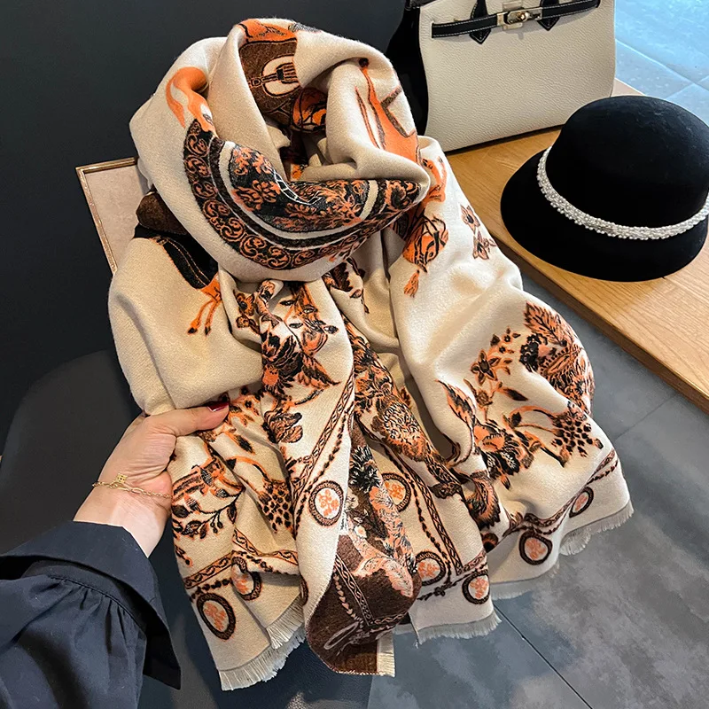 Women Floral Thick Double Side Cashmere Scarf Female Pashmina Winter Warm Blanket Bufanda with Tassel Shawl Wraps 2022 New