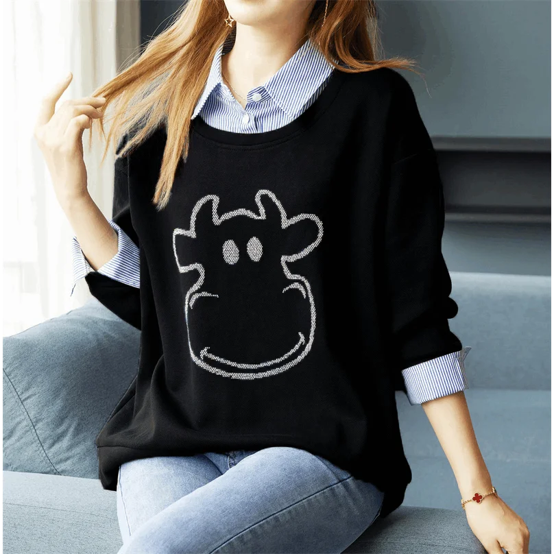 Spring and Autumn Women\'s Splicing Polo-Neck Long Sleeve Loose Printed Fake Two Pieces Pullovers Fashion Casual All-match Tops