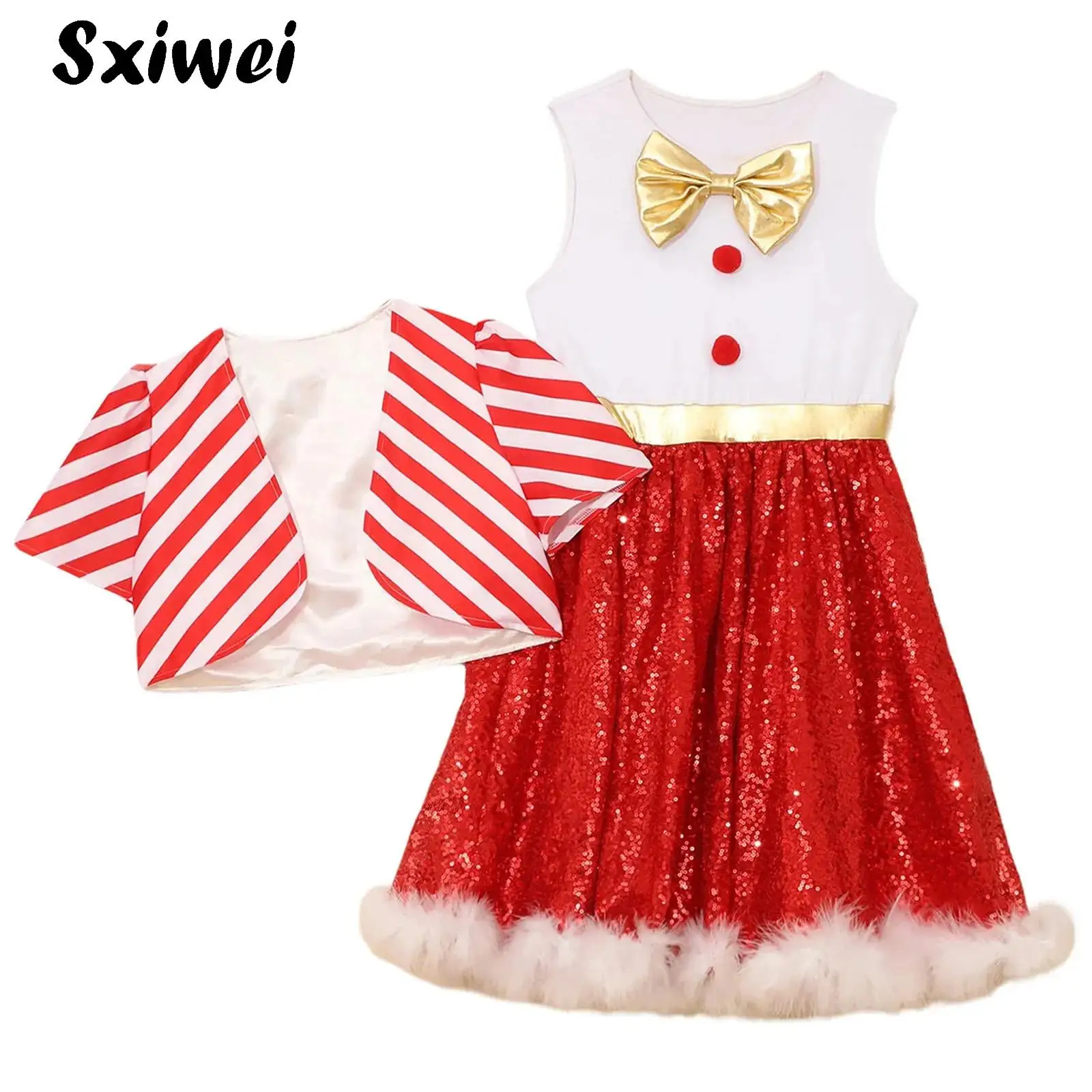 

Kids Girl Christmas Party Dance Outfits Candy Cane Striped Sequin Leotard Dress+Coat Set for Princess Ballet Skating Performance