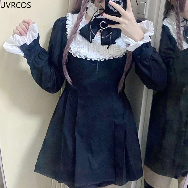 Estilo punk japonês y2k lolita op vestido feminino vintage elegante plissado arco rendas vestidos de festa à noite feminino cintura alta vestido fino