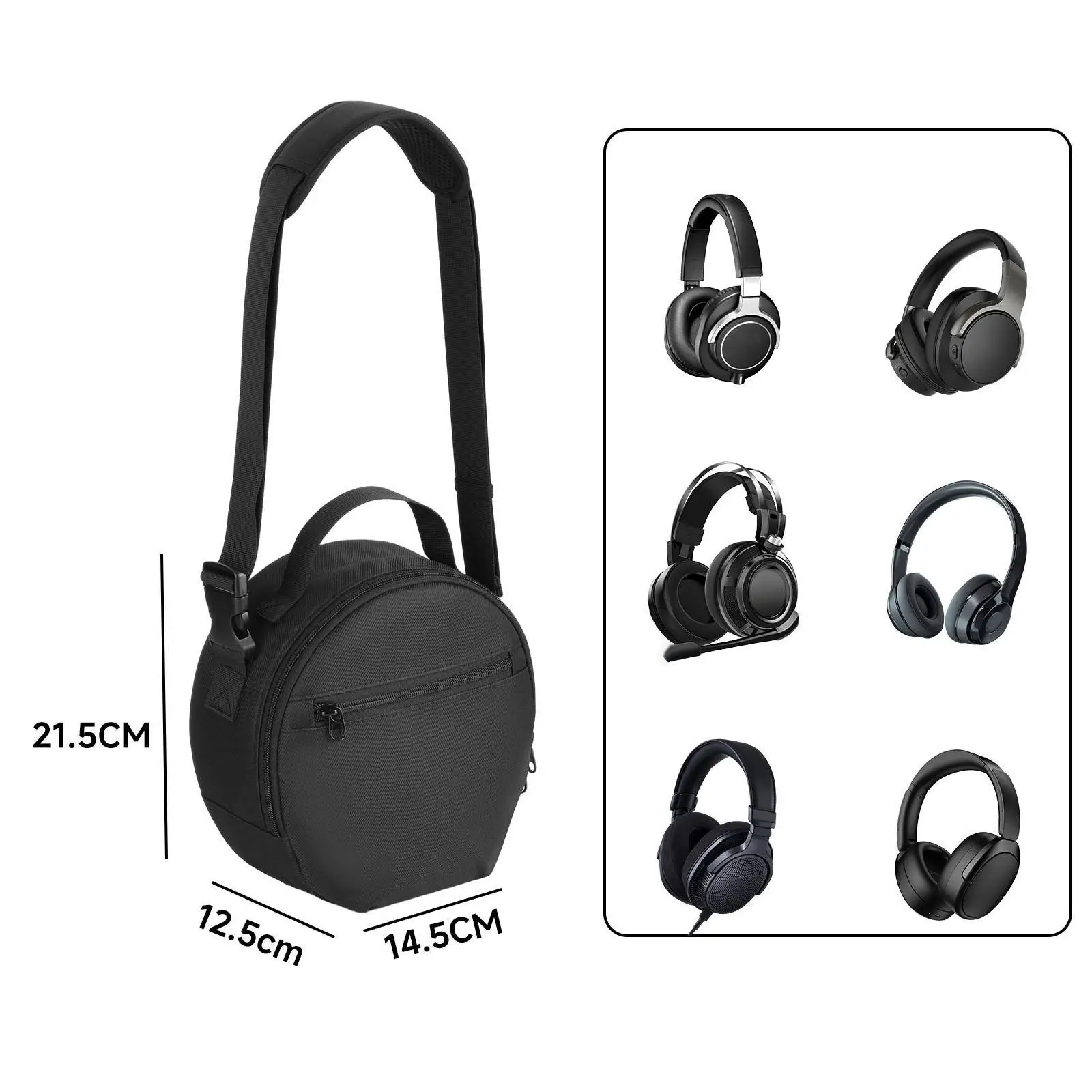 Headphone Case Organizer Travel Protective Zipper Bag 600D Nylon Fabric with Shoulder Strap for Headband Headphones
