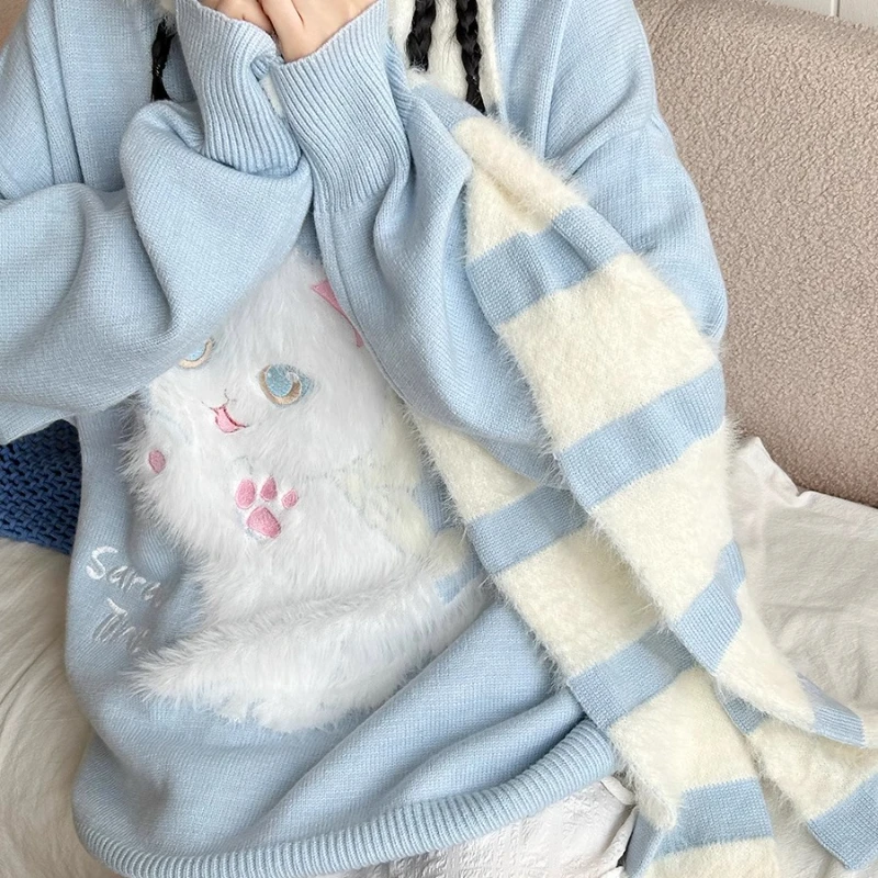 اليابانية الجديدة فتاة نمط فضفاض المرأة الحلو لطيف الخريف الشتاء الكرتون المطرزة البلوفرات رقيقة تنوعا سترة السيدات