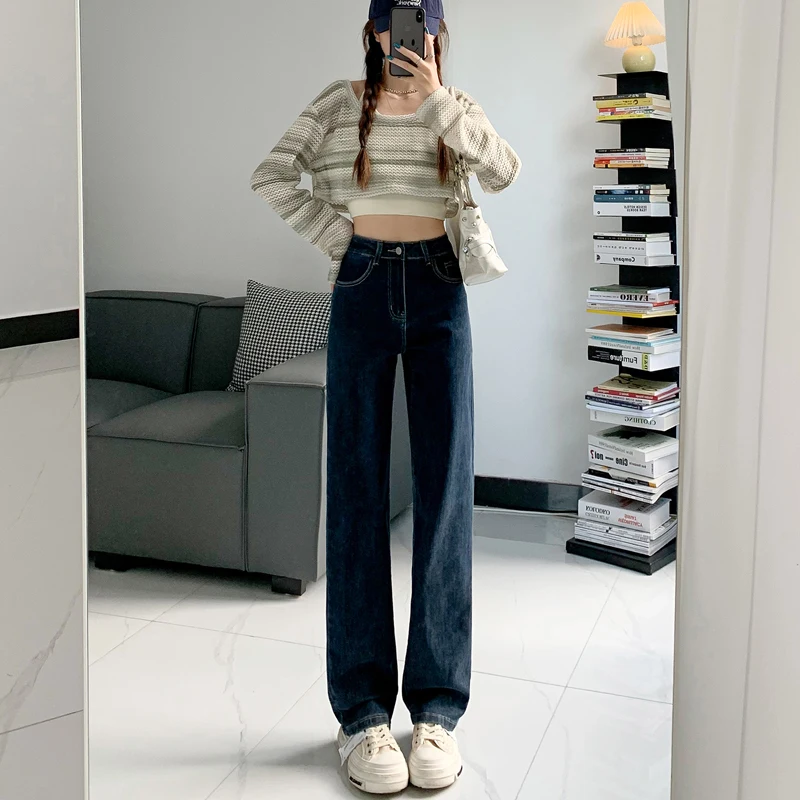 

Womens Highwaisted Jeans Leisure Straight Tube Trendy Loose Denim Pants for Women Vintage Solid Wide Leg Autumn Spring Fashion