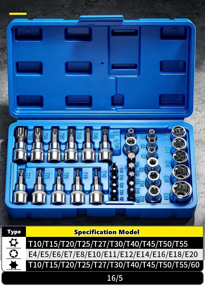 TINSOL 34-Piece Torx Bit Socket and E-Torx Star Socket Set, CR-V and S2 Steel Drive Set, Tamper Proof T10-T55, E4-E20, T10-T60