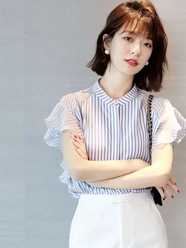 

Женская шифоновая рубашка с синими полосками, с коротким рукавом, летняя, для повседневной носки, из полиэфирного волокна, с круглым вырезом, из тонкой полипропиленовой ткани