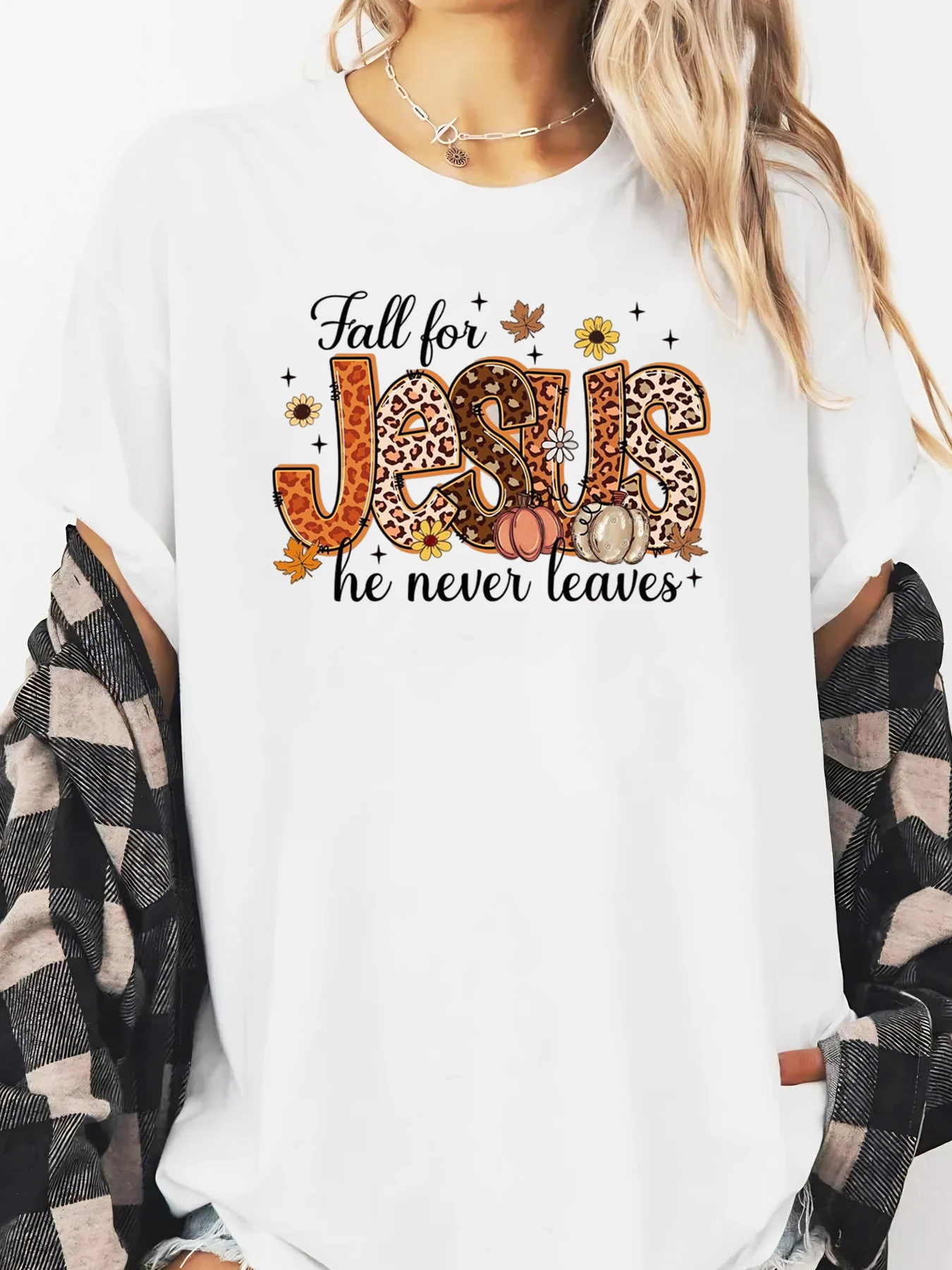 الخريف ليسوع انه لا يترك ليوبارد طباعة الخريف تصميم طويل الأكمام تي شيرت المرأة لباس غير رسمي الأبيض حجم كبير