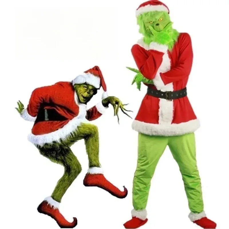 

l2025l Новый костюм Санта-Клауса для косплея Grinch Зеленый волосатый монстр праздничное платье Рождественские топы Брюки Шляпа Перчатки Обувь Чехол Маска Семья
