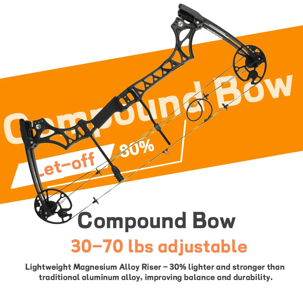 Adjustable Compound Bow 30-70lbs M129 320fps 80% Let-off Magnesium Alloy Riser for Adults Beginners Hunting Target Practice