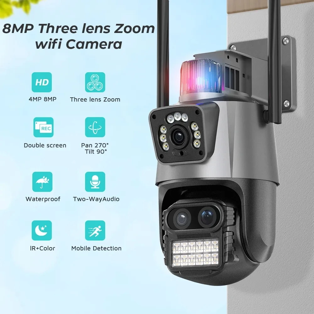 8MP WiFi Camera - PTZ, 8X Digital Zoom, Night Vision, Dual Screens, Outdoor 4MP Security Protection CCTV Surveillance IP Camera