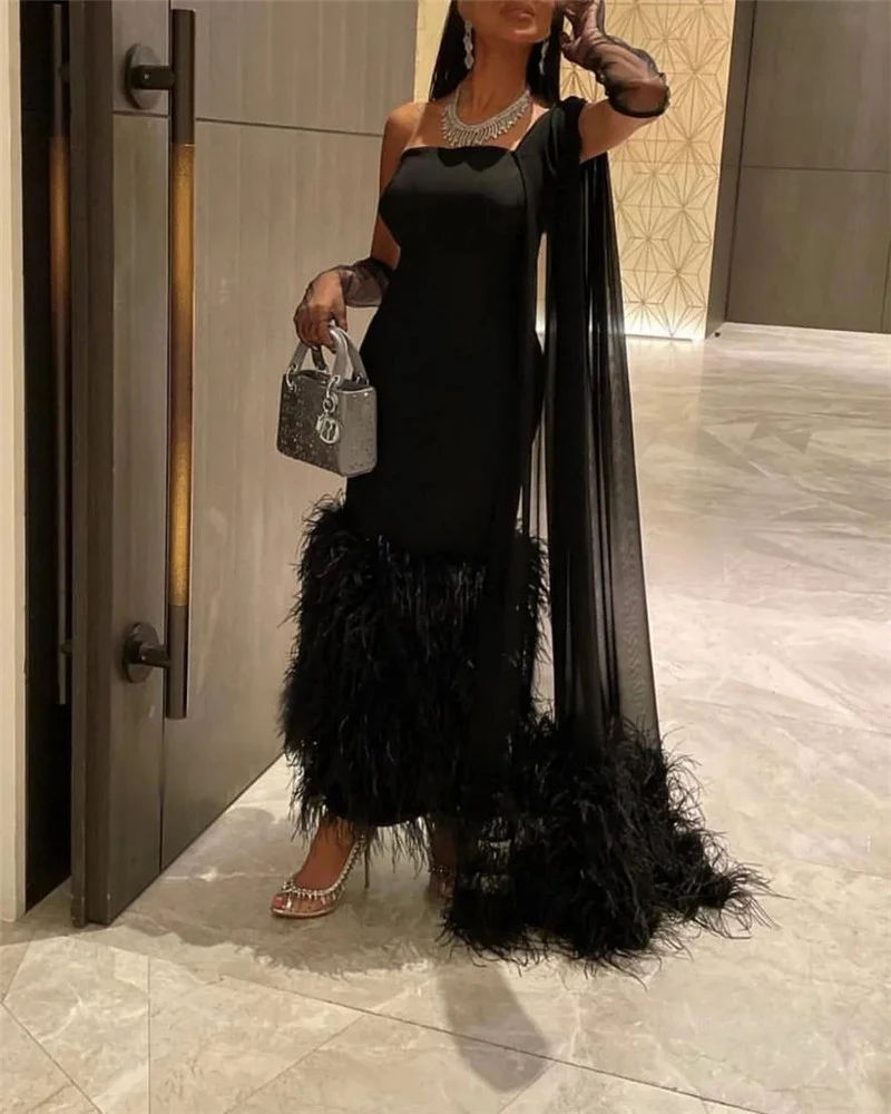 Verngo Luxury Black Ostrich Feathers Dubai Arabic Women Evening Dresses One Shoulder Long Sleeve Ankle Length Formal Prom Gowns