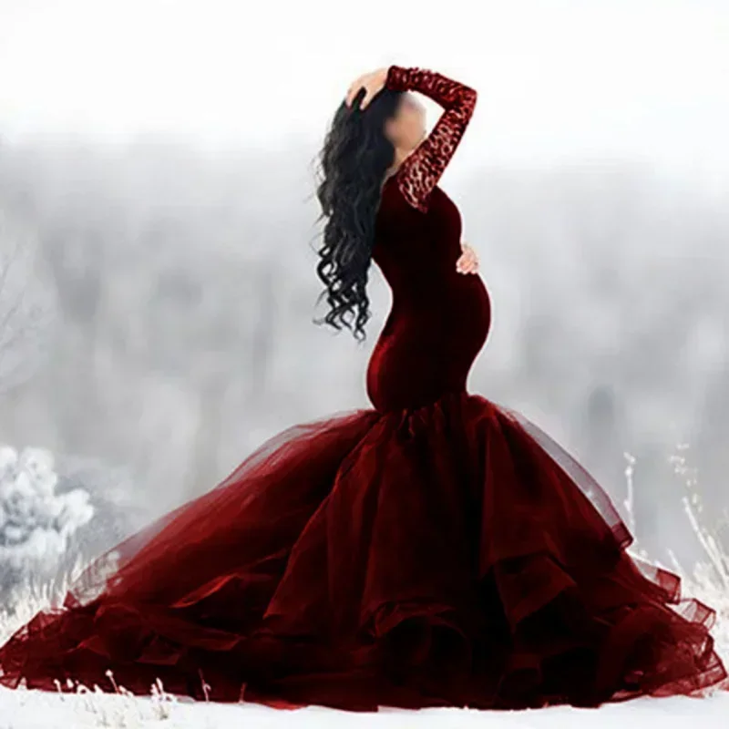 Nuevo superventas, vestido de cola para mujeres embarazadas de malla con Costura de encaje y cuello de una línea de manga larga, vestido de fotografía