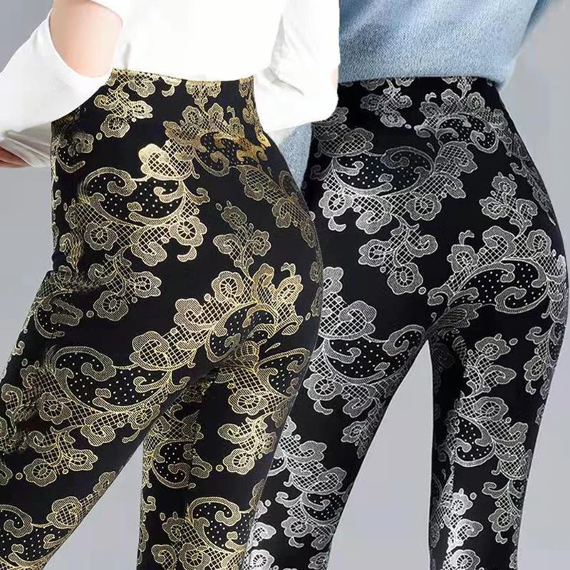 Retro-Druck nahtlose Leggings hohe Taille übergroße Gold Silber Mode Outwear dünne Sommer lange Hosen Fitness studio Spandex Leggins Frau