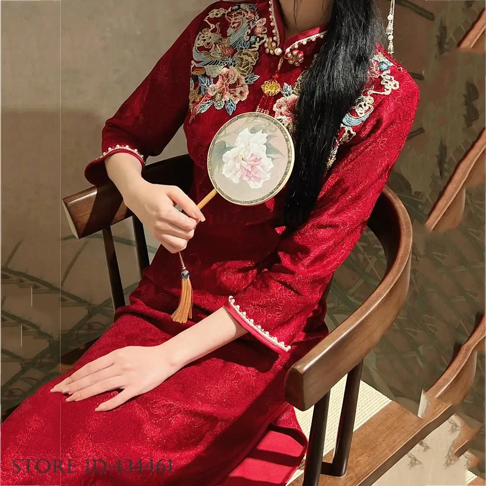 

Традиционное китайское платье Cheongsam с вышивкой для невесты, свадебное платье, бордовое жаккардовое платье Cheongsam с бисером, сексуальное платье макси Vestidos
