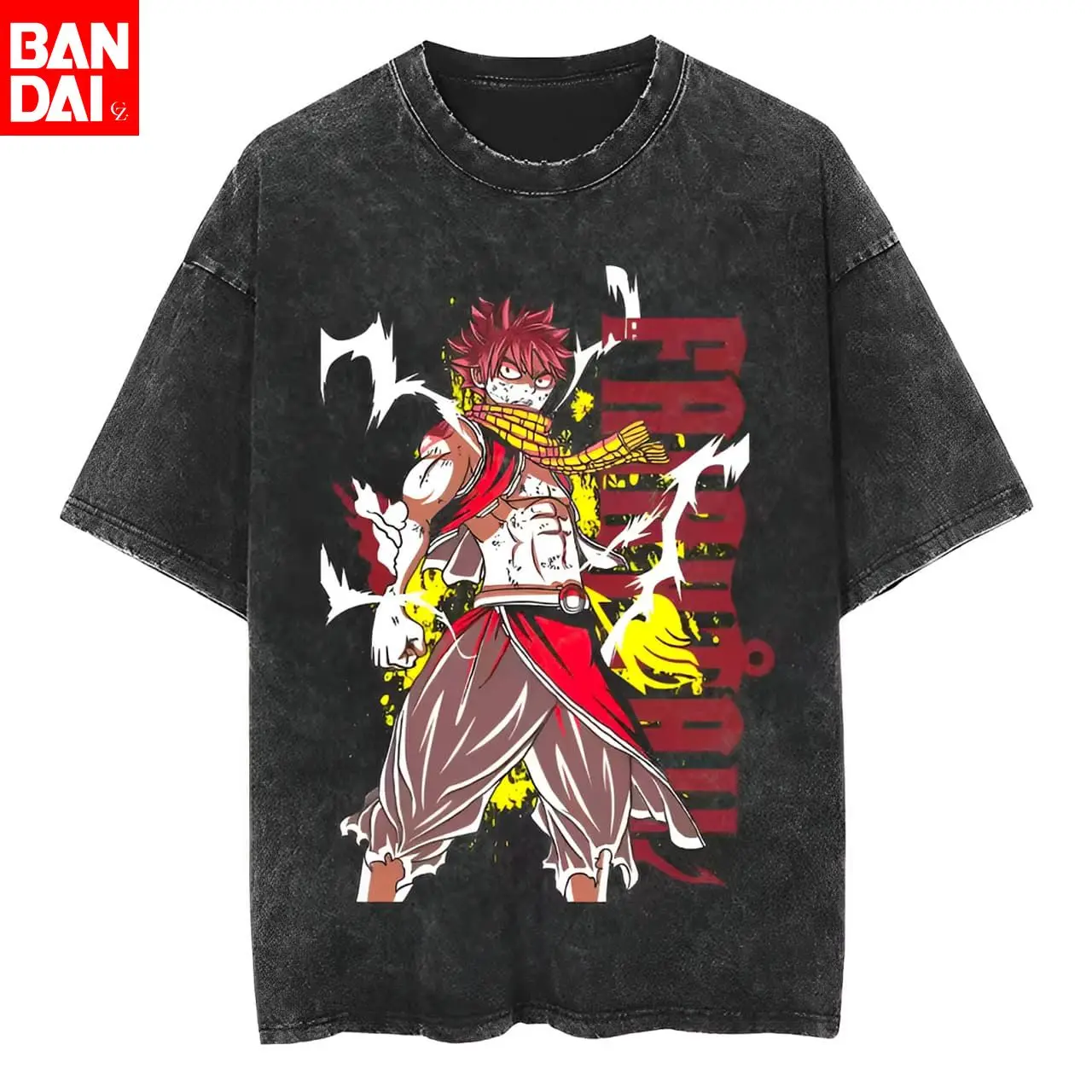 Camiseta de algodón informal retro lavada negra para hombre con diseño de anime y manga de Fairy Tail 100 Years Quest, estilo streetwear, verano 2026