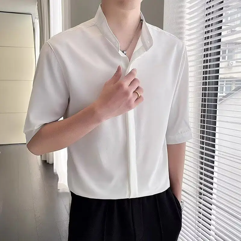 

Мужская рубашка из ледяного шелка однотонного цвета, повседневная, свободного кроя, с коротким рукавом, летняя, черно-белая, высокого качества, с длинным рукавом, для повседневной носки