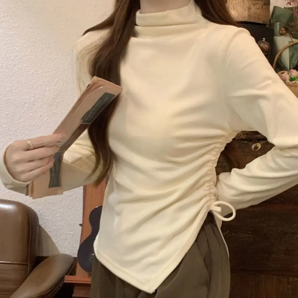 نصف الياقة العالية كم طويل تي شيرت غير النظامية قميص سليم الرباط البلوز قاع قميص بسيط المحاصيل الأعلى المرأة Y2k