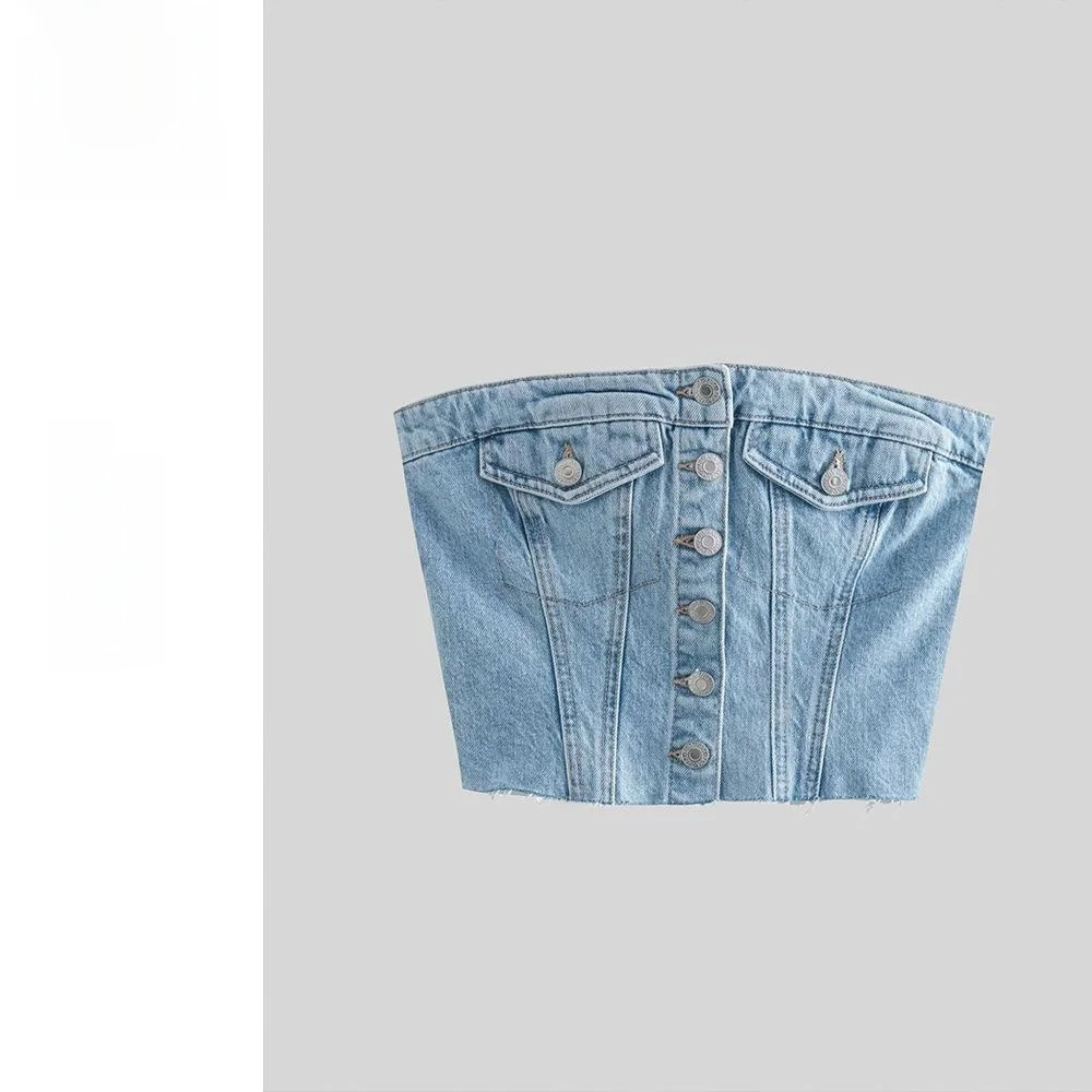 

Faionable Slim Fit Denim Vest Top Women's Cross-Border Clothing Button Detail ort Length Pure Color Cotton 00%