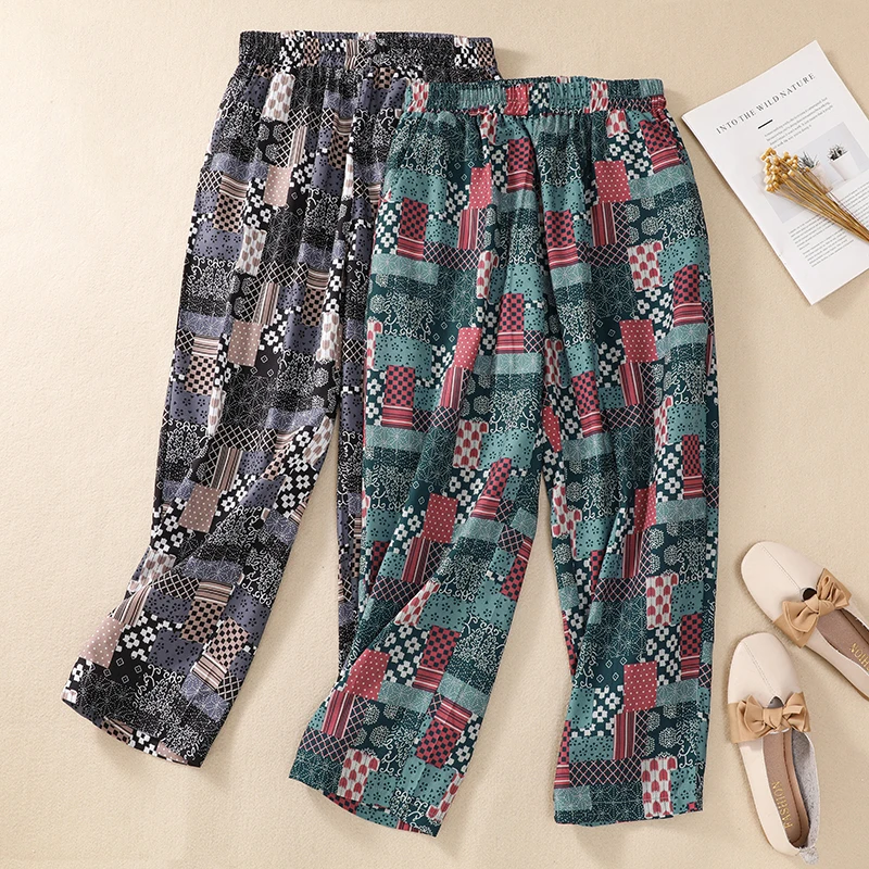 

Spring Autumn Literary Loose Women's Ankle Length Pants Irregular Casual Cotton Linen Print Patchwork Fashion Harem Trousers