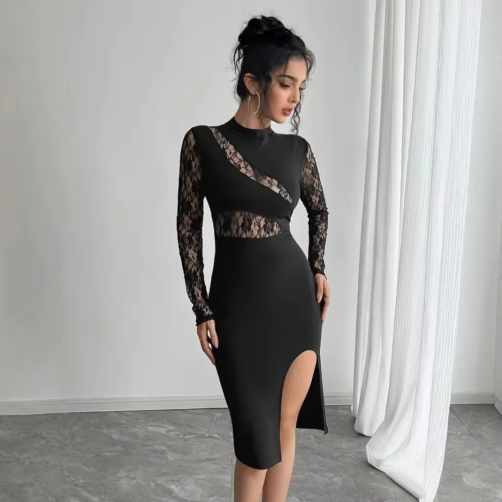 Women Fall Solid Contrast Lace Bodycon Dress Long Sleeve Side Slit Sexy Elegant Night Out Party Dress