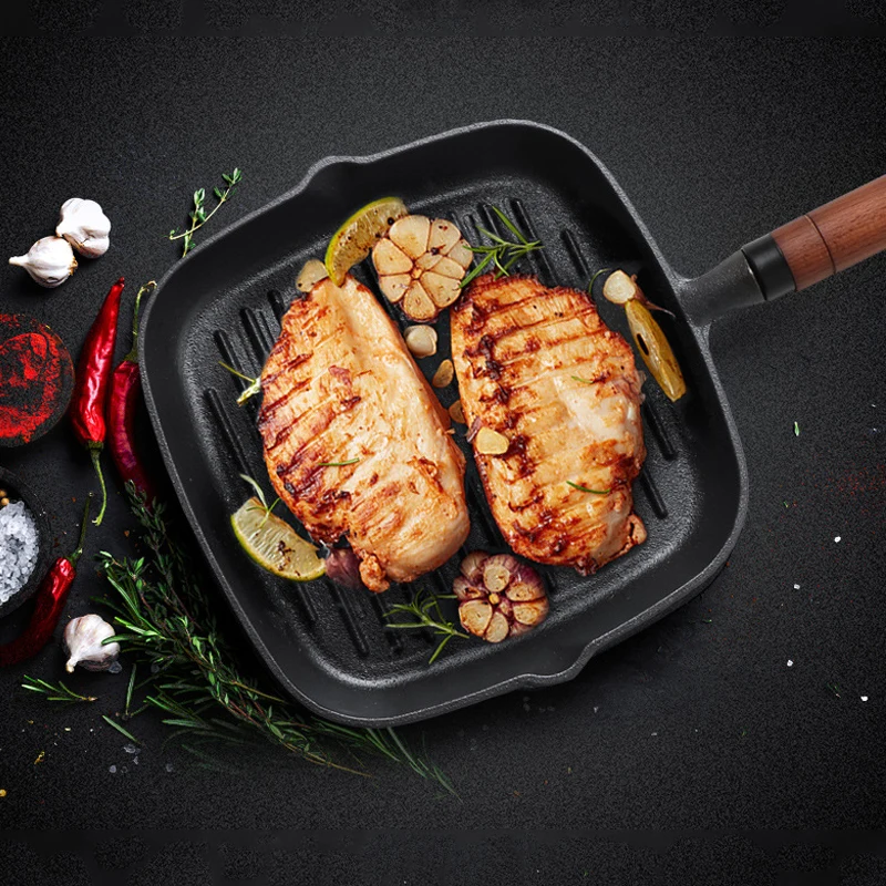 Сковорода для стейка Толстая деревянная ручка, чугунная, без покрытия, с антипригарным покрытием, для дома, в полоску, специальный горшок