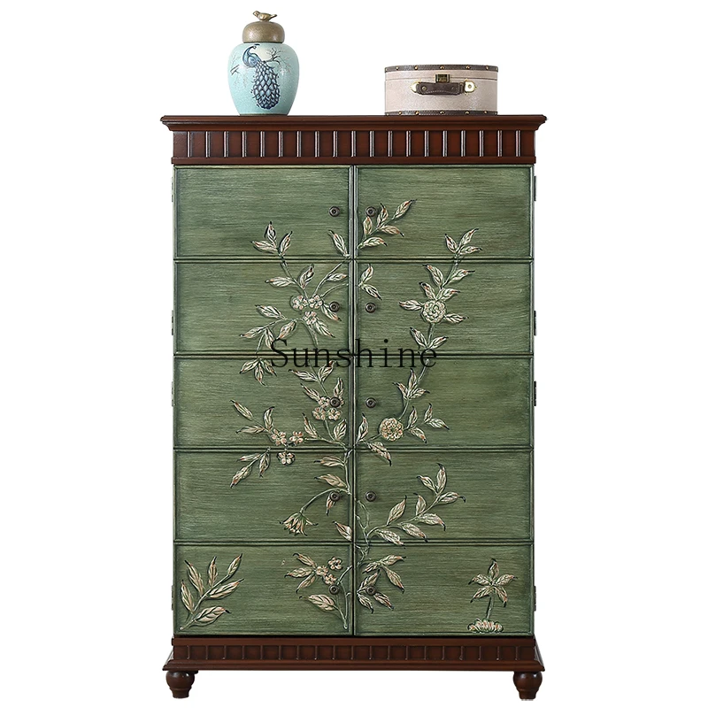 

American rural four-door retro green painted entrance Mediterranean storage side shoe cabinet