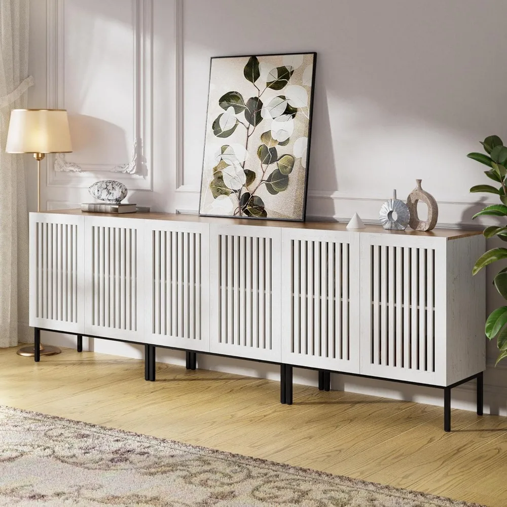 Supporto TV Farmhouse da 95", centro di intrattenimento con base in metallo e ripiani regolabili, console TV 3 in 1 con 6 ante, bianco antico