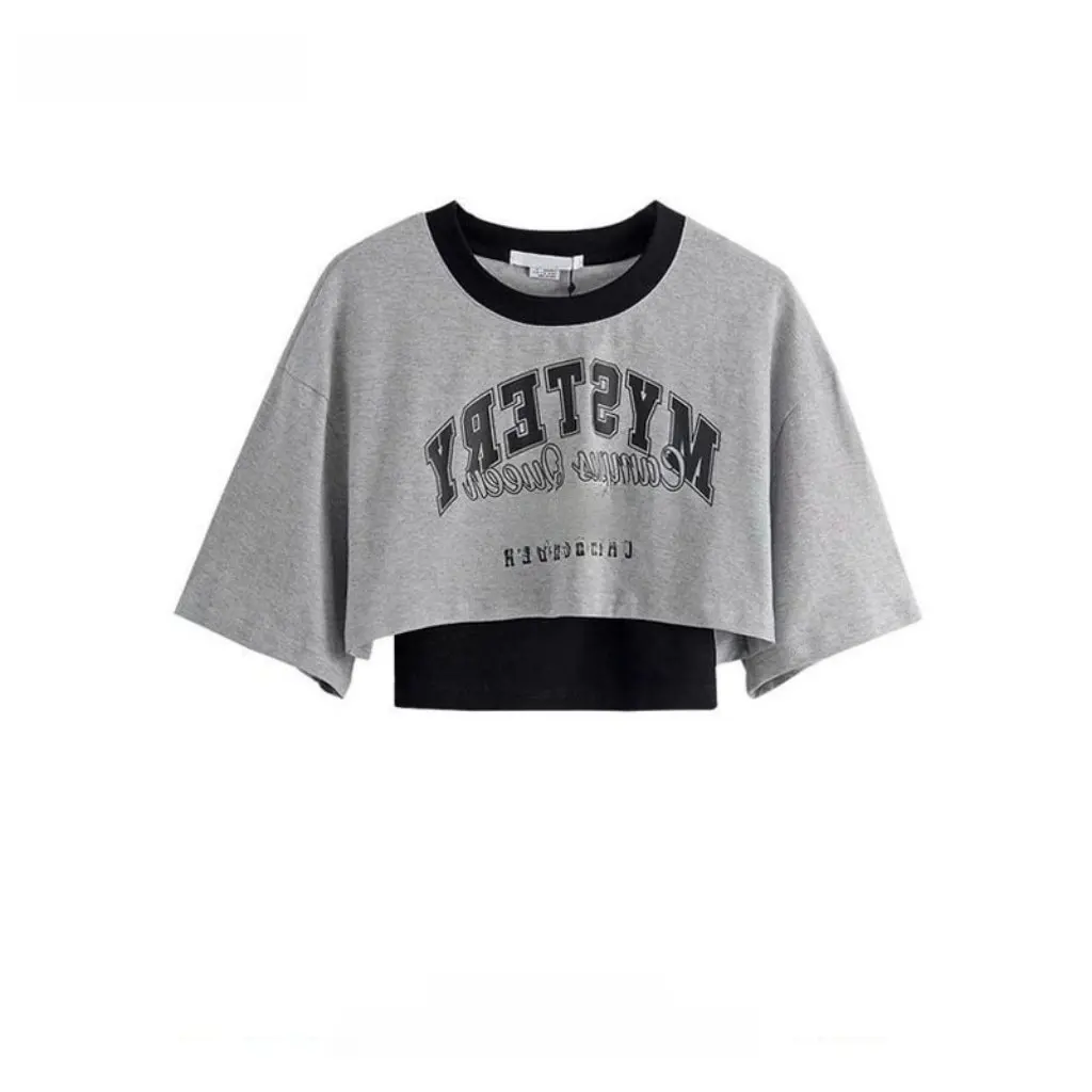 

Women's American Style Retro Trendy Letter Print Two-Piece Set Short-Sleeved T-Shirt Loose Outer Wear Blouse for Jazz Dance