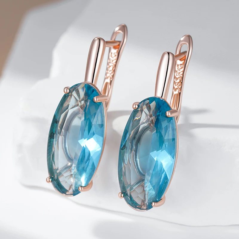 Kinel Hot Shiny Blue Big Oval Dangle Earrings For Women 585 Rose Gold Color With Natural Zircon High Quality Daily Fine Jewelry
