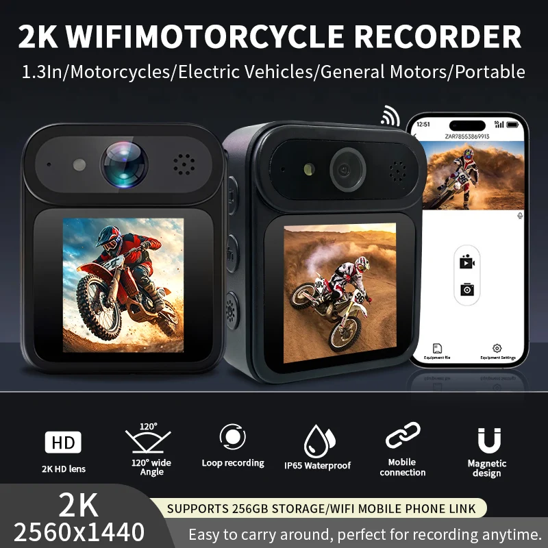 2K HD Motorcycle DVR Action Camera 120° Lens WiFi Image Stabilization IP65 Waterproof Loop Recording For Cycling Sports Portable