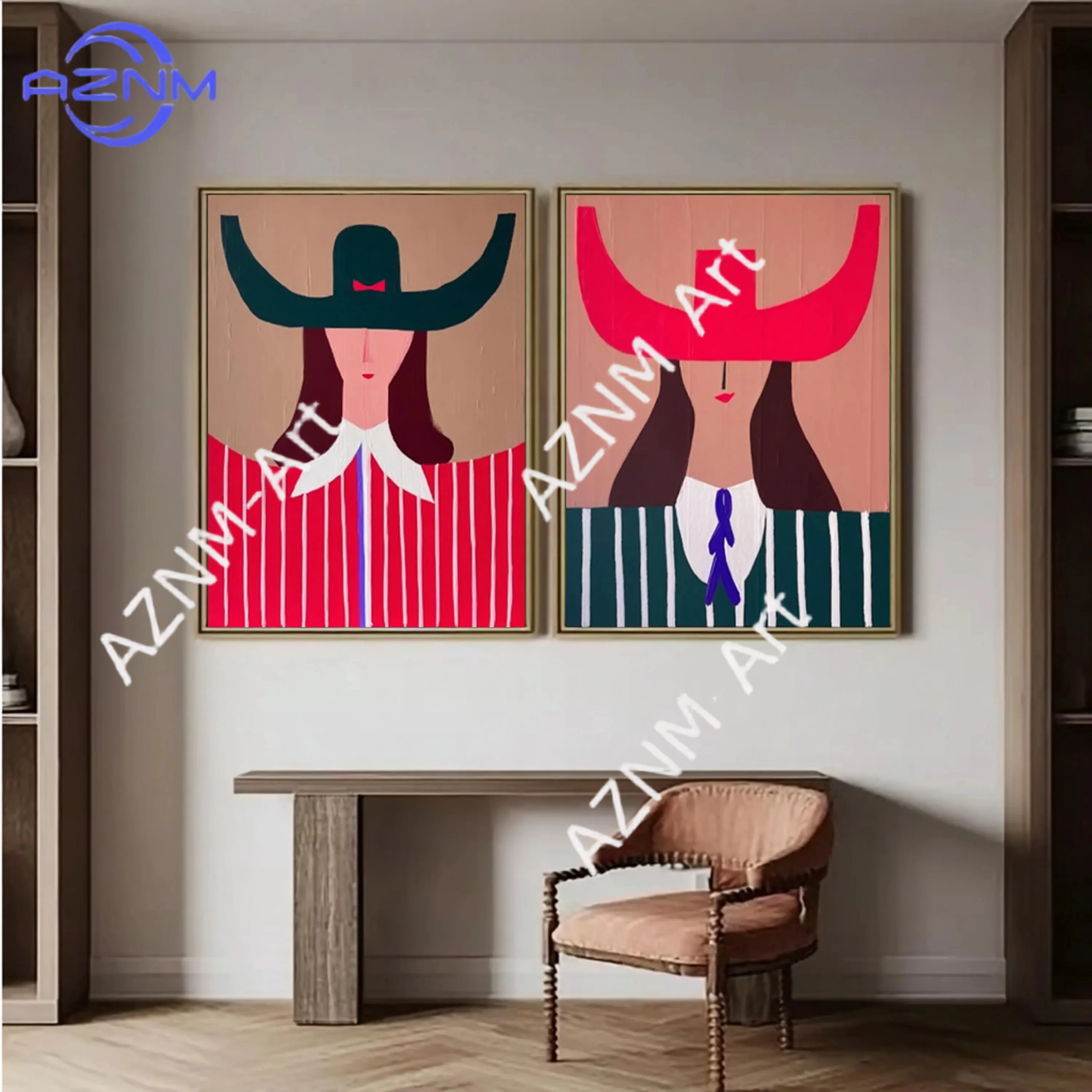 1/2-teiliges Set mit 2 Ölgemälden „Western Cowgirl Sisters“, gerahmte Leinwand-Wandkunst, originelles gesichtsloses Porträt-Ölgemälde auf Leinwand