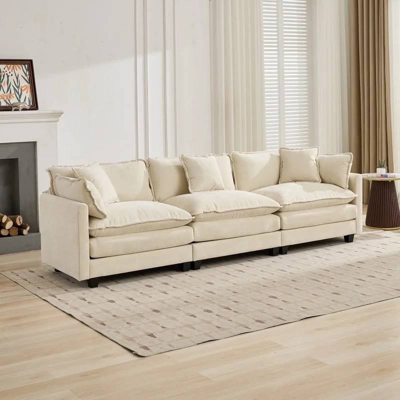 Modern 3-Seat Sectional Sofa with Double-Layer Cushion, Breathable Chenille Fabric, Beige – Ideal for Living Room or Bedroom
