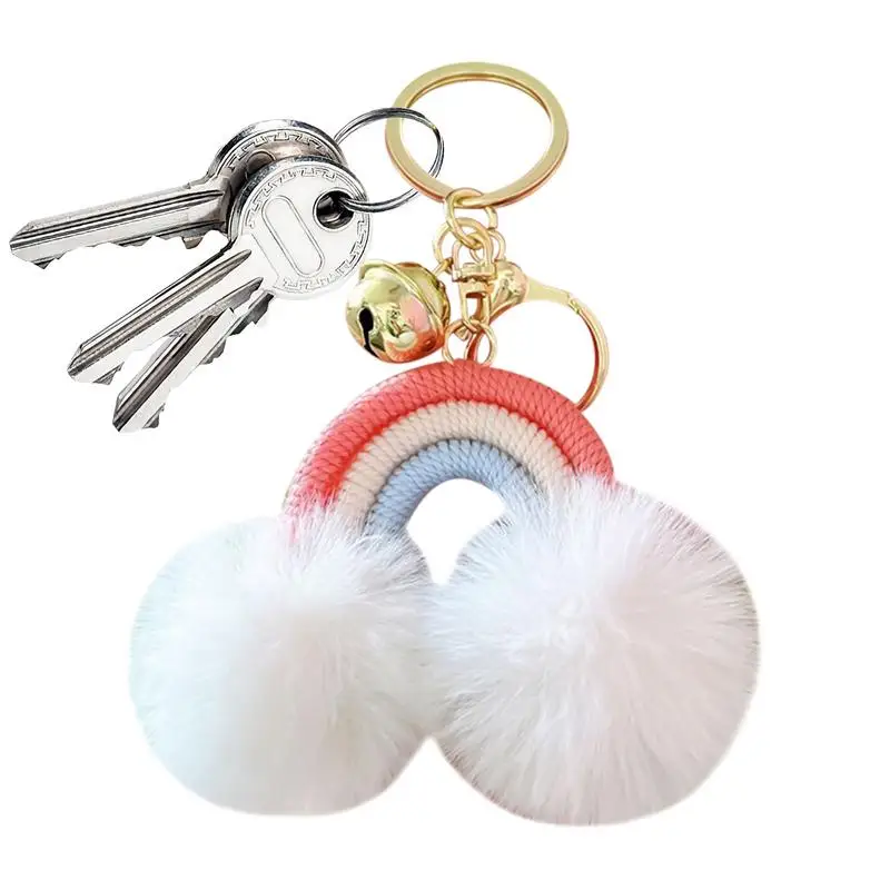 Rainbow Keychain Novelty Boho Purse Charm Pom Pom Keychain Hangable Decoration Boho Key Holder Woven Plush Pendant For Bag