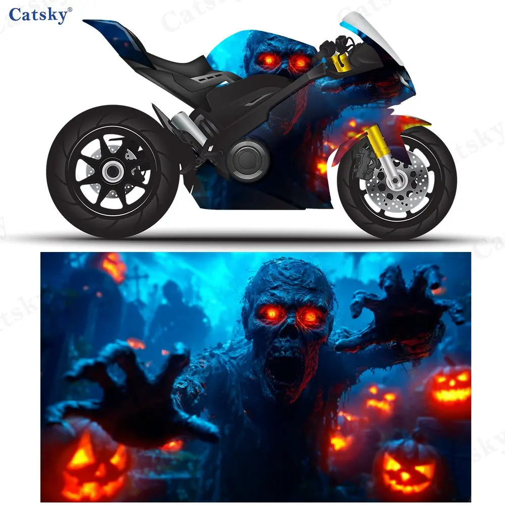 Pumpkin Lanterns And Terrifying Skeletons Motorcycle Scratch Resistant Sticker, Detachable Sticker, Universal For Motorcycles, D