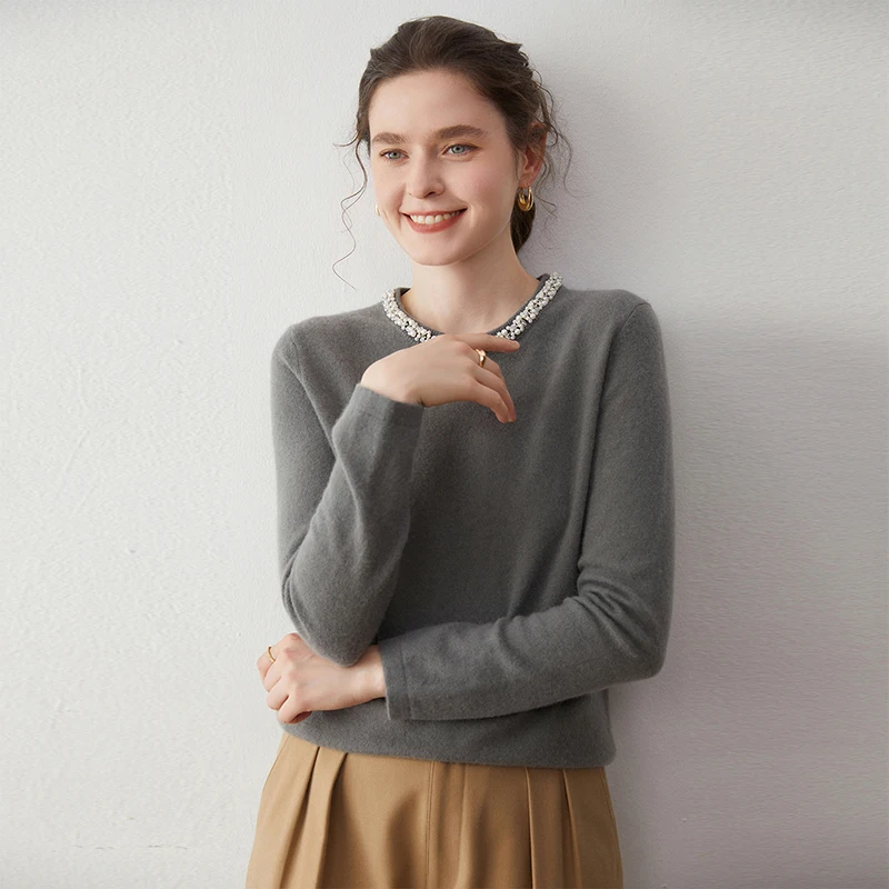 

Свитер с круглым вырезом и бриллиантами, 100% кашемир, вязаные мягкие теплые пуловеры, нежные шикарные удобные женские новые поступления с длинными рукавами, топы