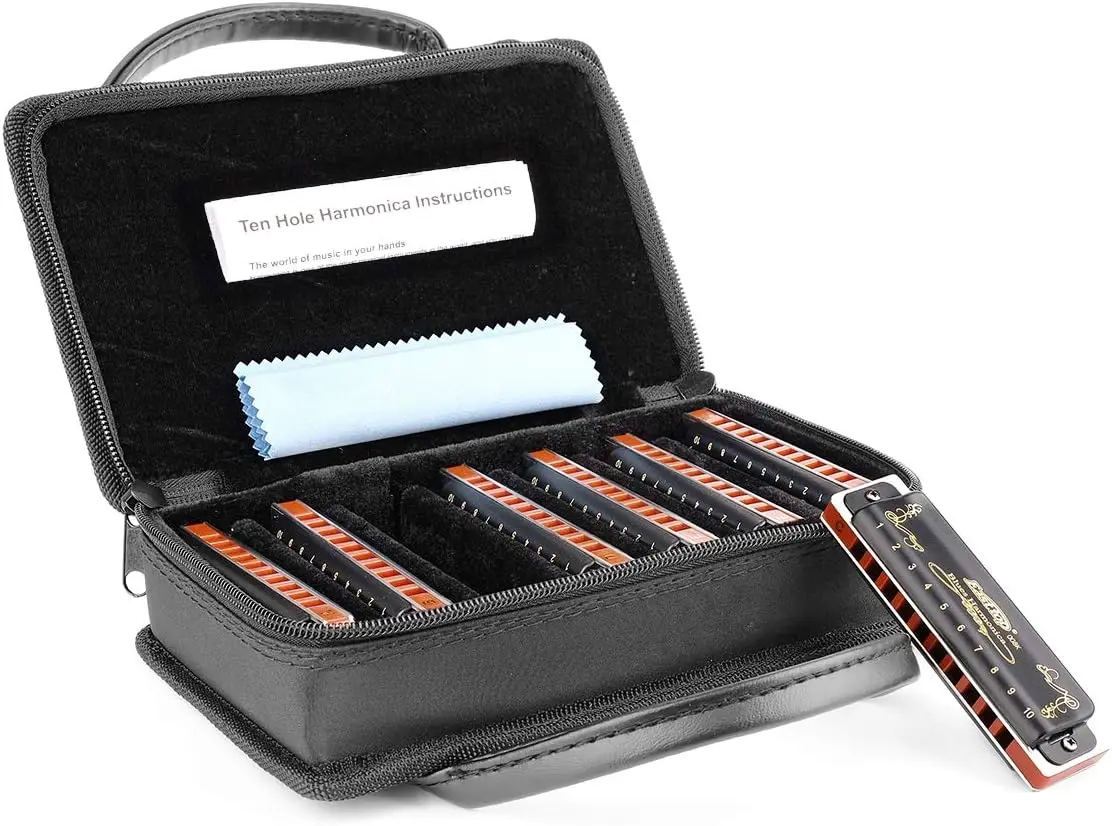 Harmonica Sets 7 Keys in Key of A B C D E F G 10 Hole 20 Tones with Case Bag & Cleaning Cloth for Adult, Professional Pl