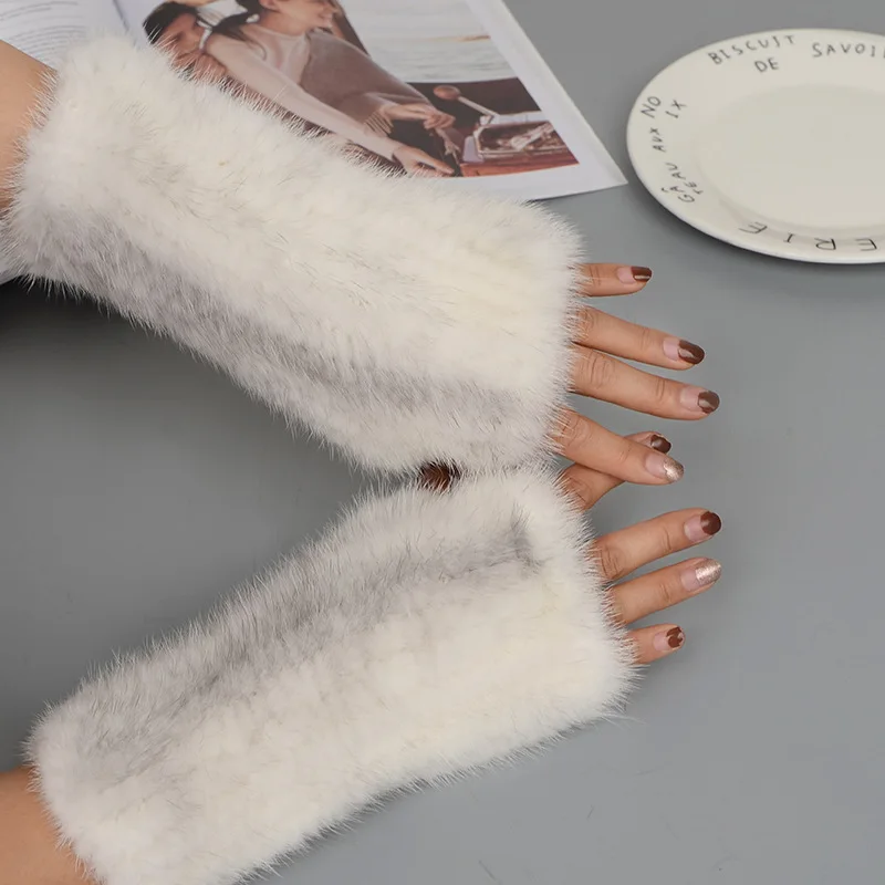 2024 New Brand Style Top Quality Women\'s 100% Winter Warm Real Mink Fur Knitted Half Finger Gloves Girls Typing Mittens